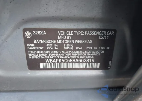 2011 BMW 328I xDrive from USA, damaged, VIN WBAPK5C58BA662819